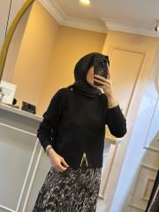 ghisa omuzu düğme detaylı vatkalı kısa triko bluz siyah 3