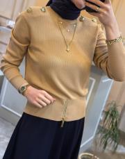 ghisa omuzu düğme detaylı vatkalı kısa triko bluz camel 3