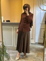 ghisa önü büzgü detaylı merserize kısa tunik kahve