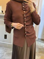 ghisa önü büzgü detaylı merserize kısa tunik kahve 2