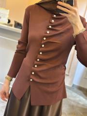 ghisa önü büzgü detaylı merserize kısa tunik kahve 4