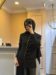 ghisa önü büzgü detaylı merserize kısa tunik siyah