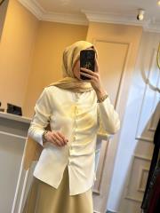 ghisa önü büzgü detaylı merserize kısa tunik ekru