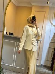 ghisa önü büzgü detaylı merserize kısa tunik ekru 2