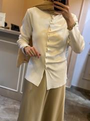 ghisa önü büzgü detaylı merserize kısa tunik ekru 4