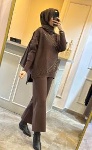 ghisa taş işlemeli triko takım kahve