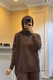 ghisa taş işlemeli triko takım kahve 2