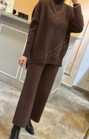 ghisa taş işlemeli triko takım kahve 3