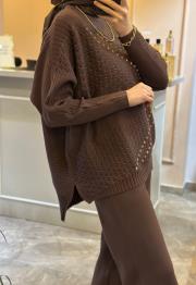 ghisa taş işlemeli triko takım kahve 4