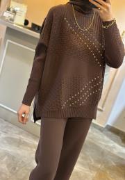 ghisa taş işlemeli triko takım kahve 5