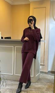 ghisa taş işlemeli triko takım mürdüm