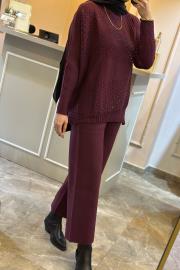 ghisa taş işlemeli triko takım mürdüm 2