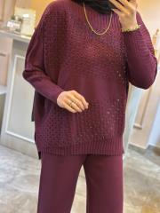 ghisa taş işlemeli triko takım mürdüm 3