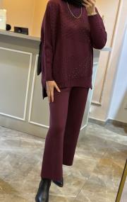 ghisa taş işlemeli triko takım mürdüm 4