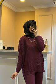 ghisa taş işlemeli triko takım mürdüm 5