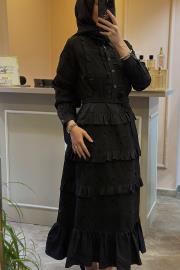 ghisa dantel işlemeli fırfır detaylı elbise siyah