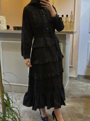 ghisa dantel işlemeli fırfır detaylı elbise siyah 4