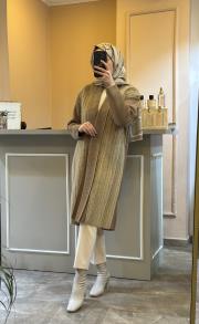 ghisa kürk detaylı triko hırka camel