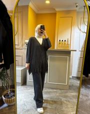 ghisa püsküllü triko hırka gri