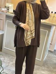 ghisa yandan bağlama detaylı triko tunik kahve 2