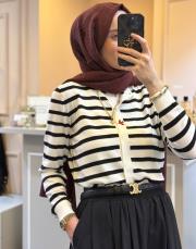 ghisa önü kuş motifli çizgili hırka ekru-siyah 2