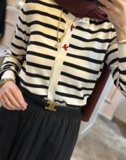 ghisa önü kuş motifli çizgili hırka ekru-siyah 3