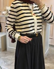 ghisa önü kuş motifli çizgili hırka ekru-siyah 4