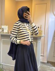 ghisa önü kuş motifli çizgili hırka ekru-lacivert