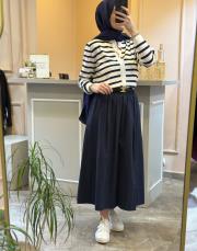 ghisa önü kuş motifli çizgili hırka ekru-lacivert 2