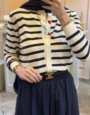 ghisa önü kuş motifli çizgili hırka ekru-lacivert 3