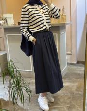 ghisa önü kuş motifli çizgili hırka ekru-lacivert 4