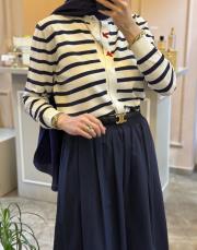 ghisa önü kuş motifli çizgili hırka ekru-lacivert 5