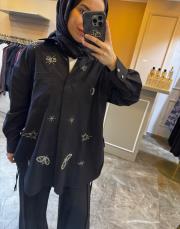 ghisa boncuk işlemeli yandan yırtmaçlı koton gömlek tunik siyah 2