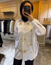 ghisa boncuk işlemeli yandan yırtmaçlı koton gömlek tunik beyaz 2