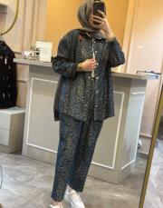 ghisa leopar desenli tuniği çıtçıt kapamalı takım gri