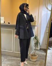 ghisa çizgili blazer ceketli takım lacivert