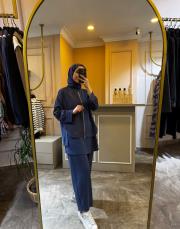 ghisa fermuar detaylı paraşüt kumaş mixli modal takım indigo