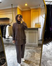 ghisa fermuar detaylı paraşüt kumaş mixli modal takım kahve