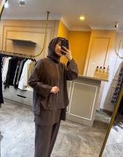 ghisa fermuar detaylı paraşüt kumaş mixli modal takım kahve 3