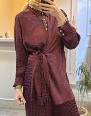 ghisa tuniğinin önü bağlama detaylı saten takım mürdüm 2