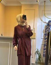 ghisa tuniğinin önü bağlama detaylı saten takım mürdüm 3