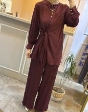 ghisa tuniğinin önü bağlama detaylı saten takım mürdüm 4