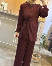 ghisa tuniğinin önü bağlama detaylı saten takım mürdüm 5