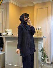 ghisa tuniği şal detaylı kendinden desenli saten takım lacivert 4