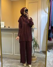 ghisa tuniği şal detaylı kendinden desenli saten takım mürdüm