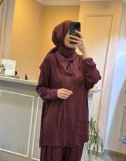 ghisa tuniği şal detaylı kendinden desenli saten takım mürdüm 2