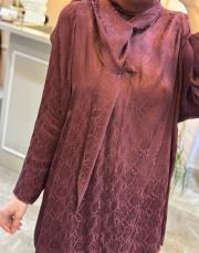 ghisa tuniği şal detaylı kendinden desenli saten takım mürdüm 3