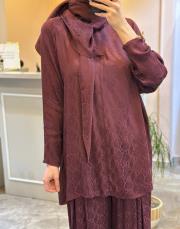 ghisa tuniği şal detaylı kendinden desenli saten takım mürdüm 4