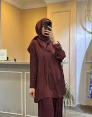 ghisa tuniği şal detaylı kendinden desenli saten takım mürdüm 5