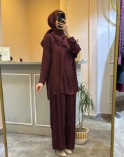 ghisa tuniği şal detaylı kendinden desenli saten takım mürdüm 6